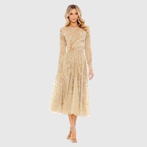 Mac Duggal EMBELLISHED ILLUSION HIGH NECK LONG SLEEVE DRESS 5572 Size 14 Latte